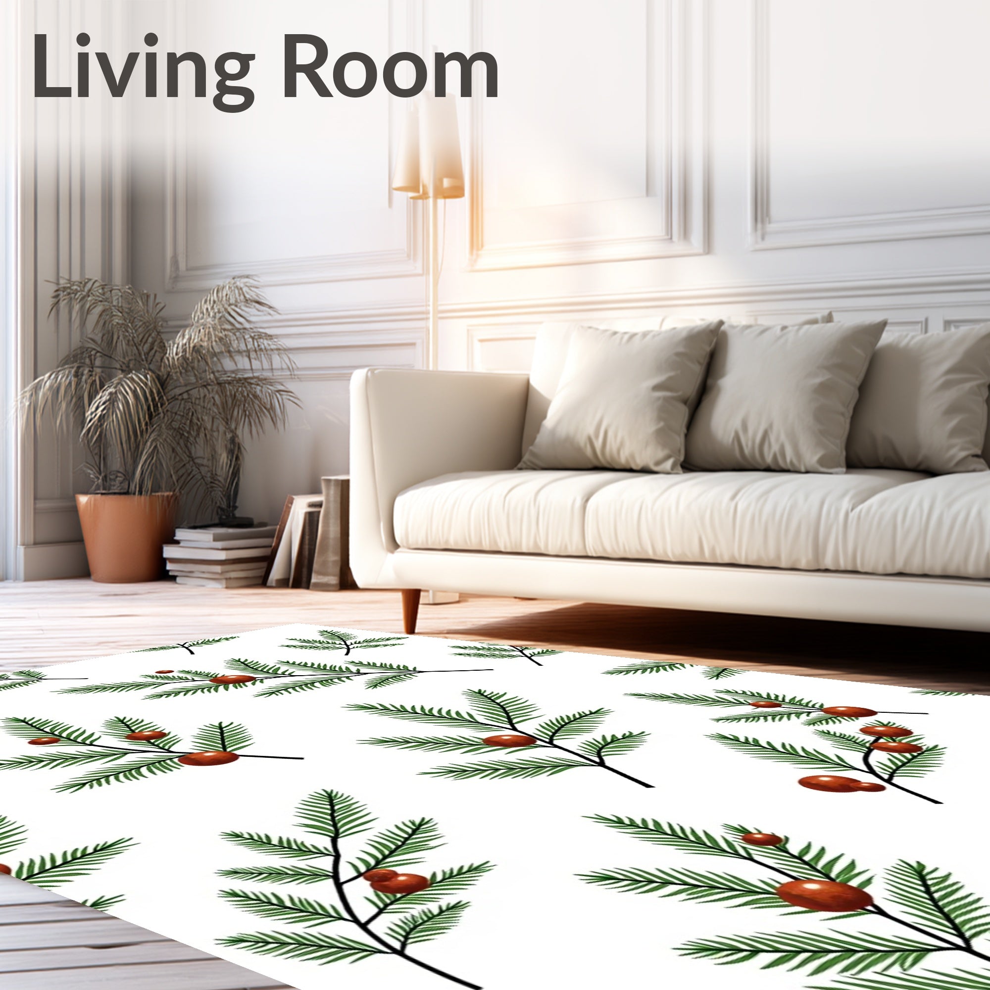 Festive Green Fir Sprigs Red Berries Rug
