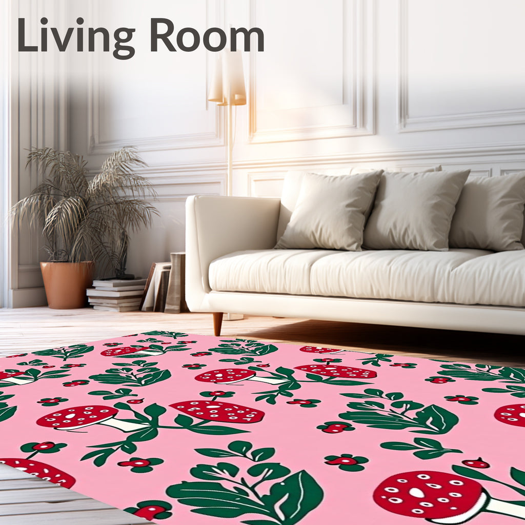 Whimsical Pink Red Mushroom Garden Rug