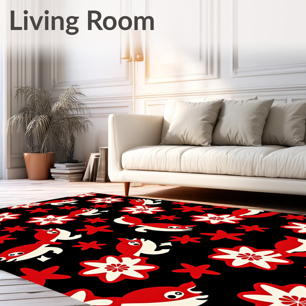 Red White Whimsical Fish Floral Black Rug