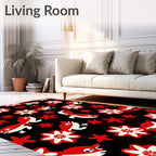 Red White Whimsical Fish Floral Black Rug