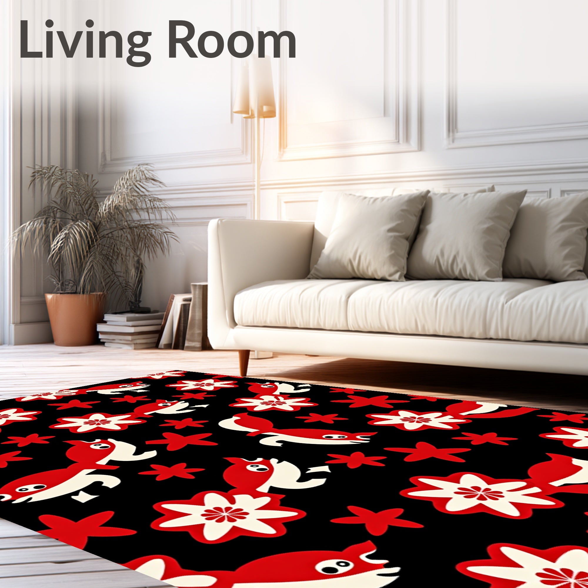 Red White Whimsical Fish Floral Black Rug