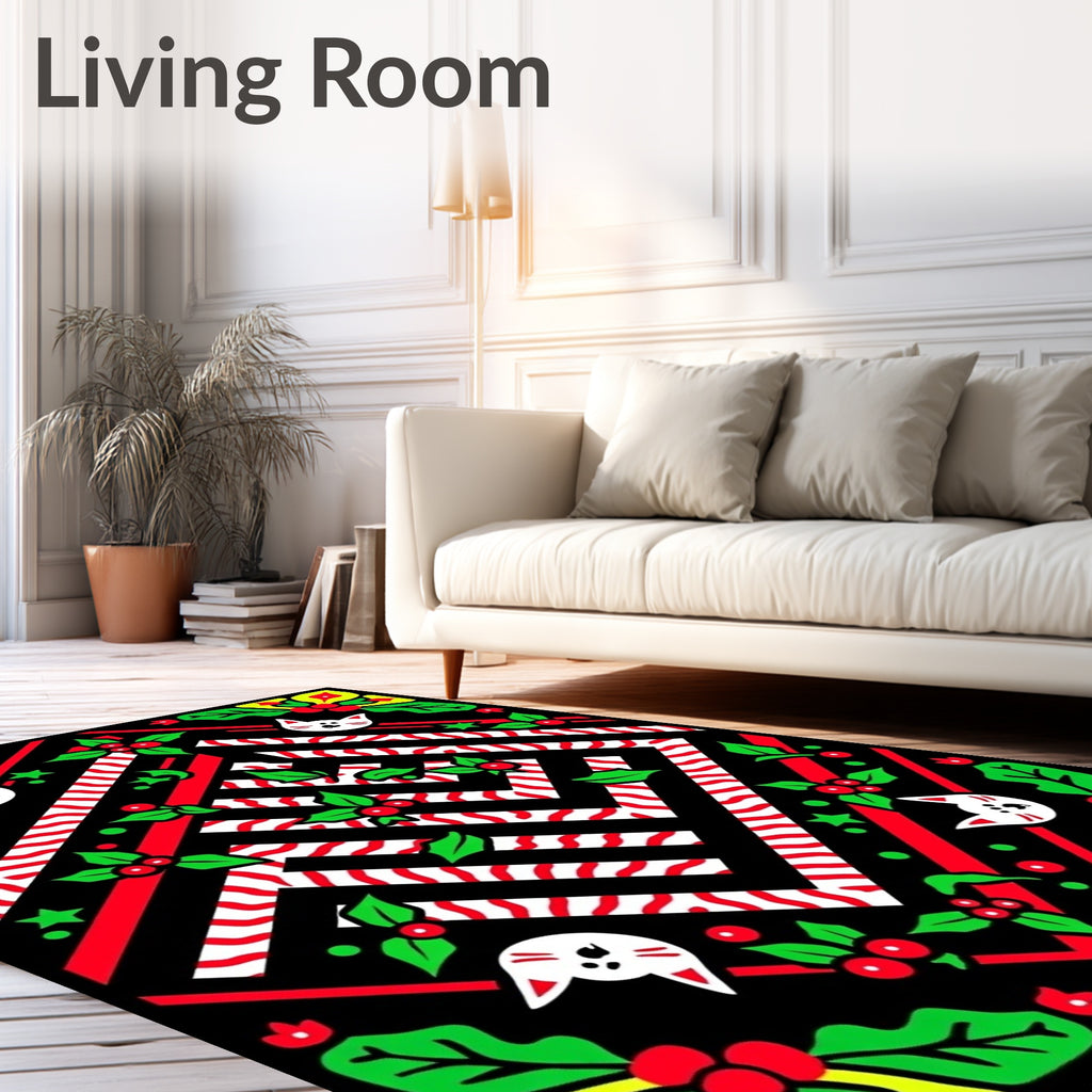 Cute White Cat Candy Cane Holly Rug