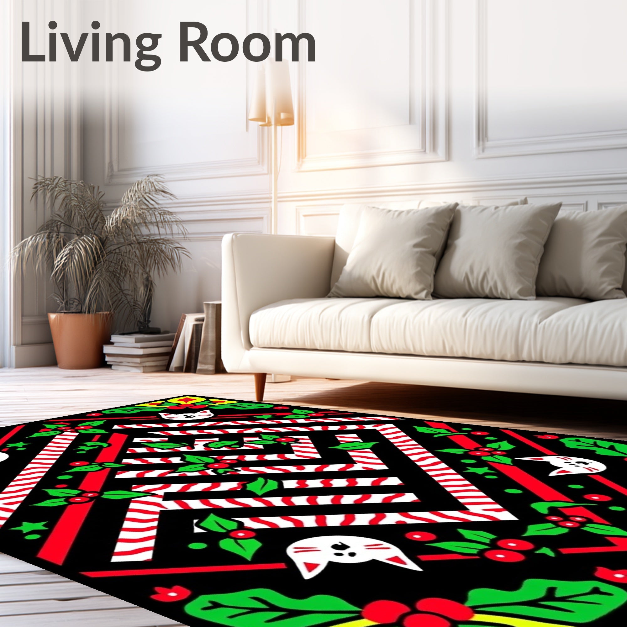 Cute White Cat Candy Cane Holly Rug