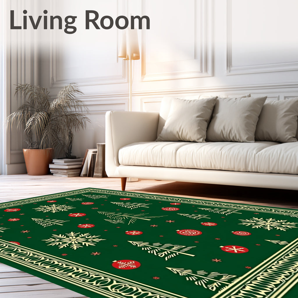 Festive Green Christmas Tree Ornament Snowflake Rug