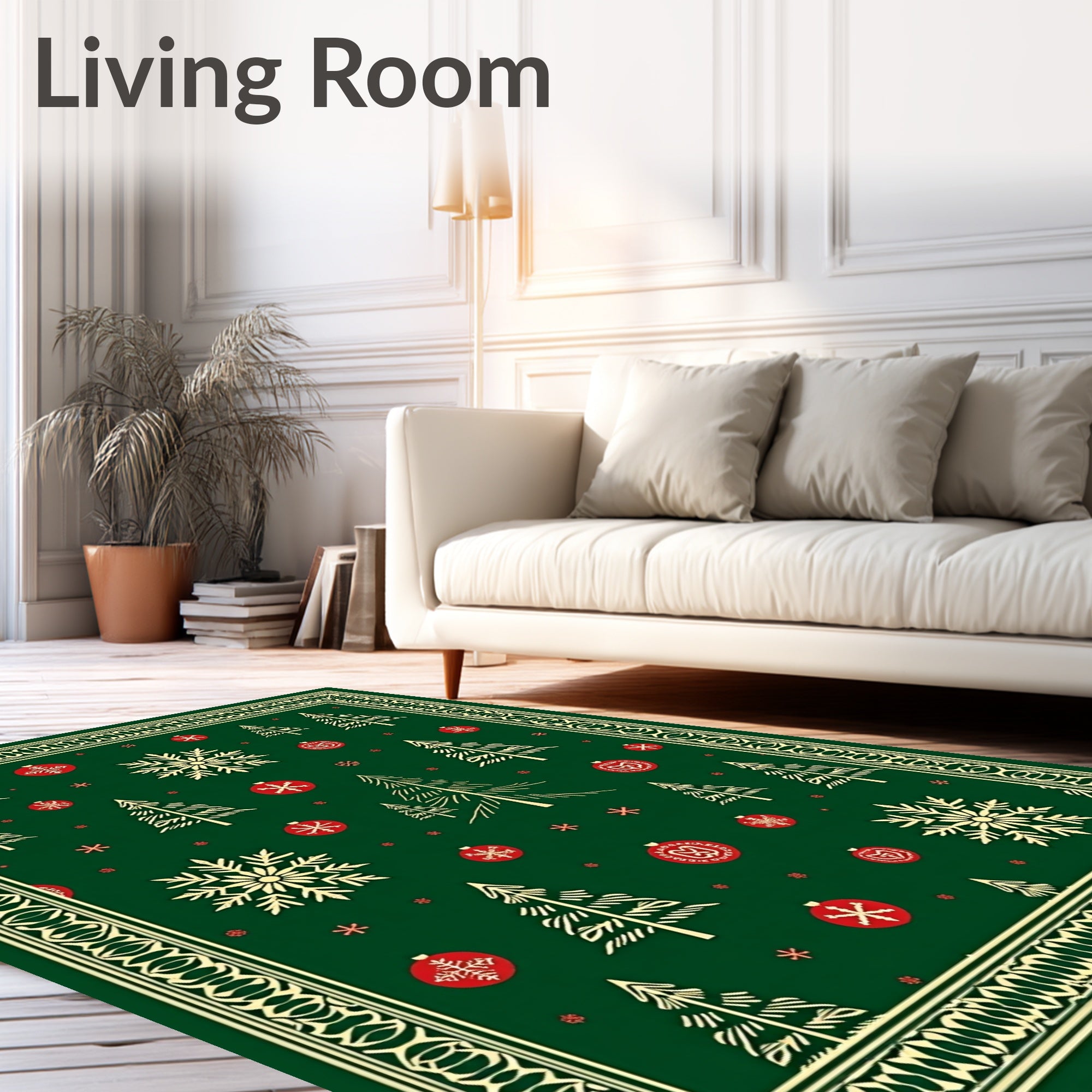 Festive Green Christmas Tree Ornament Snowflake Rug