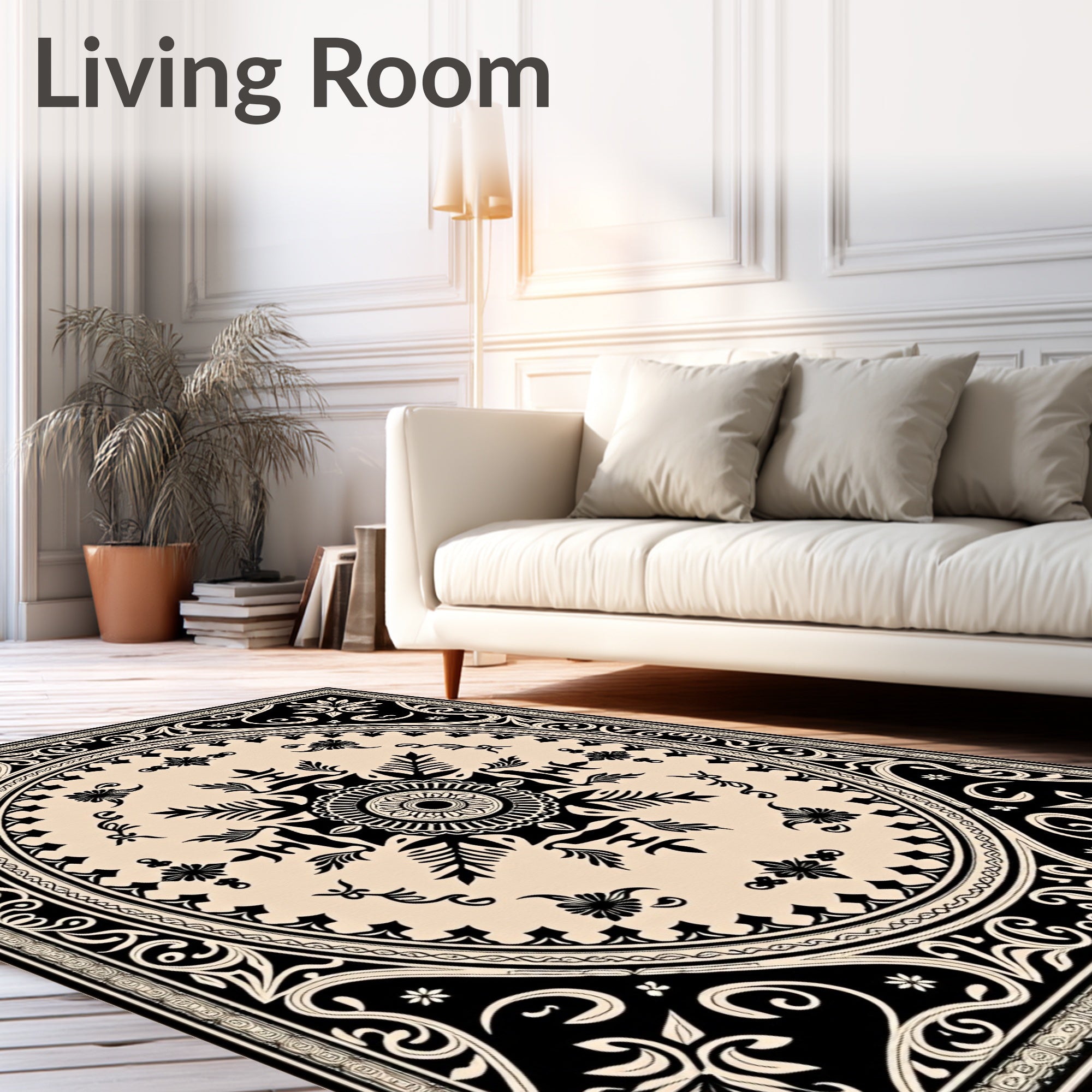 Black and Cream Floral Medallion Rug