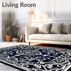 Elegant Navy Arabesque Scroll Medallion Rug