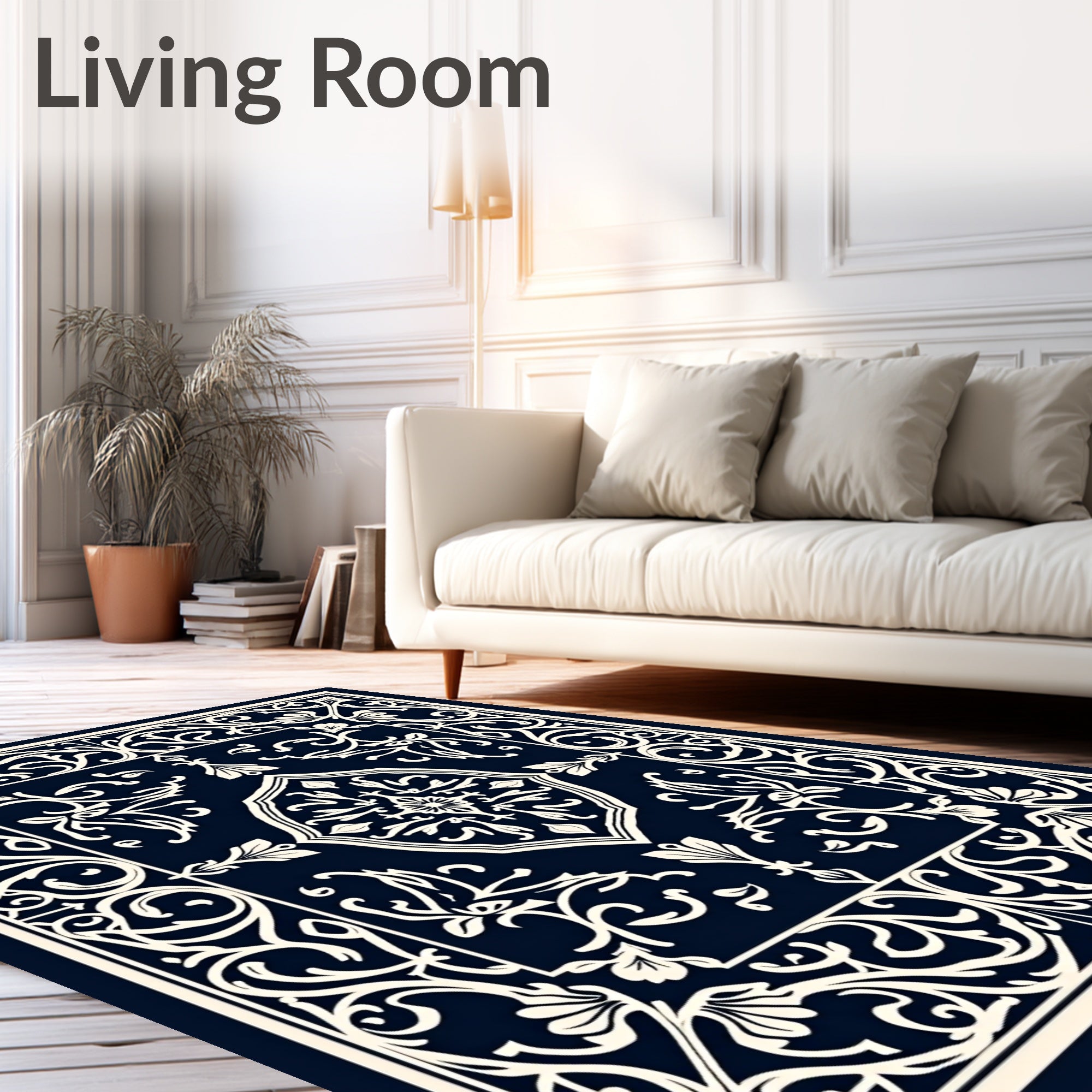 Elegant Navy Arabesque Scroll Medallion Rug