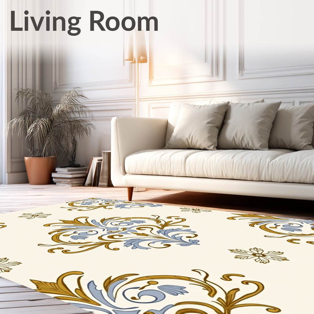 Golden Blue Scrollwork Floral Medallion Rug