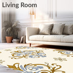 Golden Blue Scrollwork Floral Medallion Rug