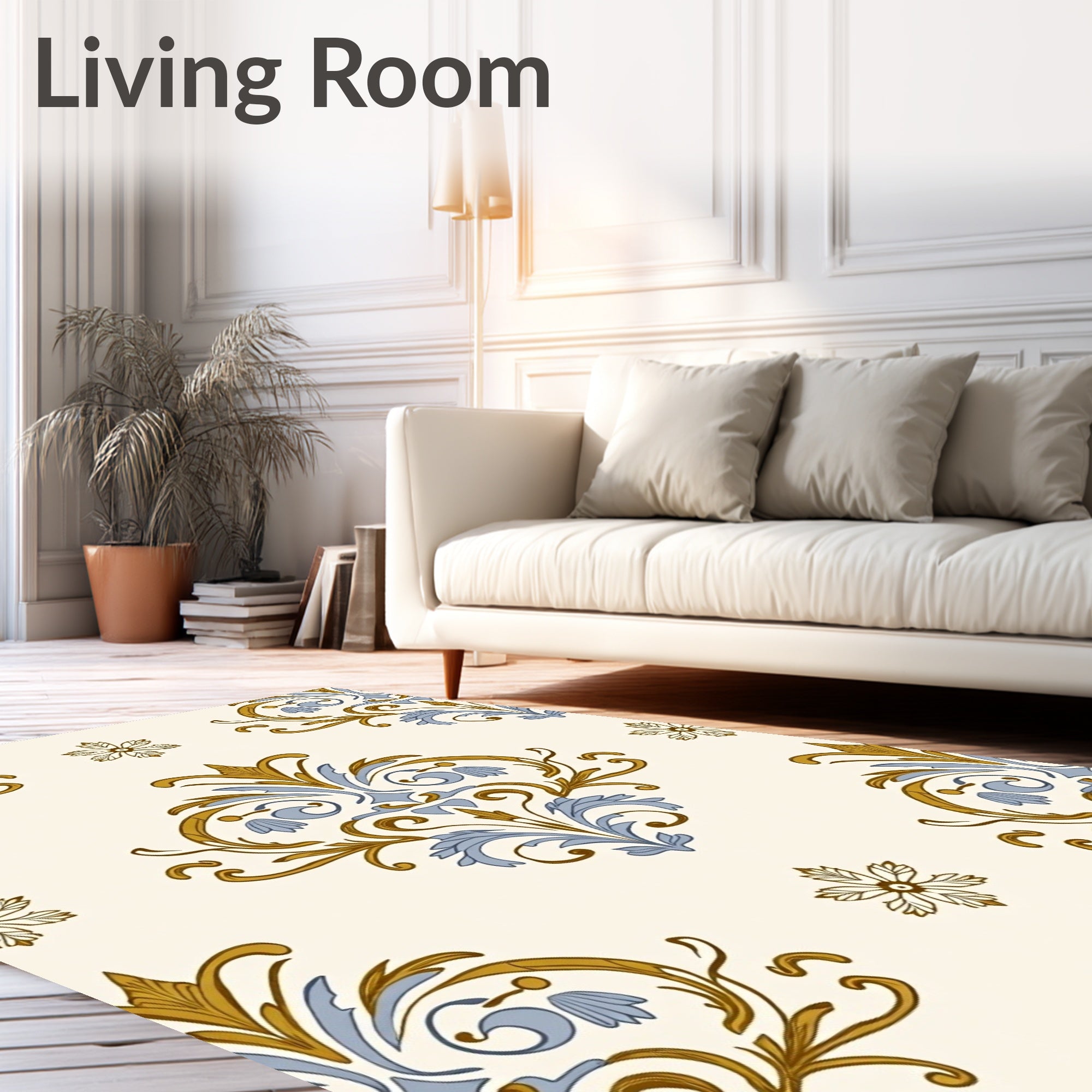 Golden Blue Scrollwork Floral Medallion Rug