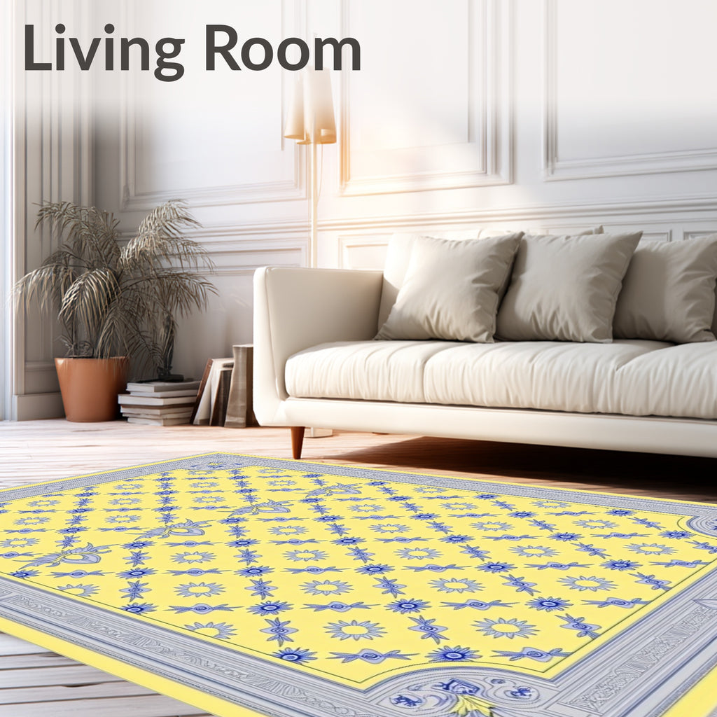 Yellow Blue Floral Lattice Border Rug