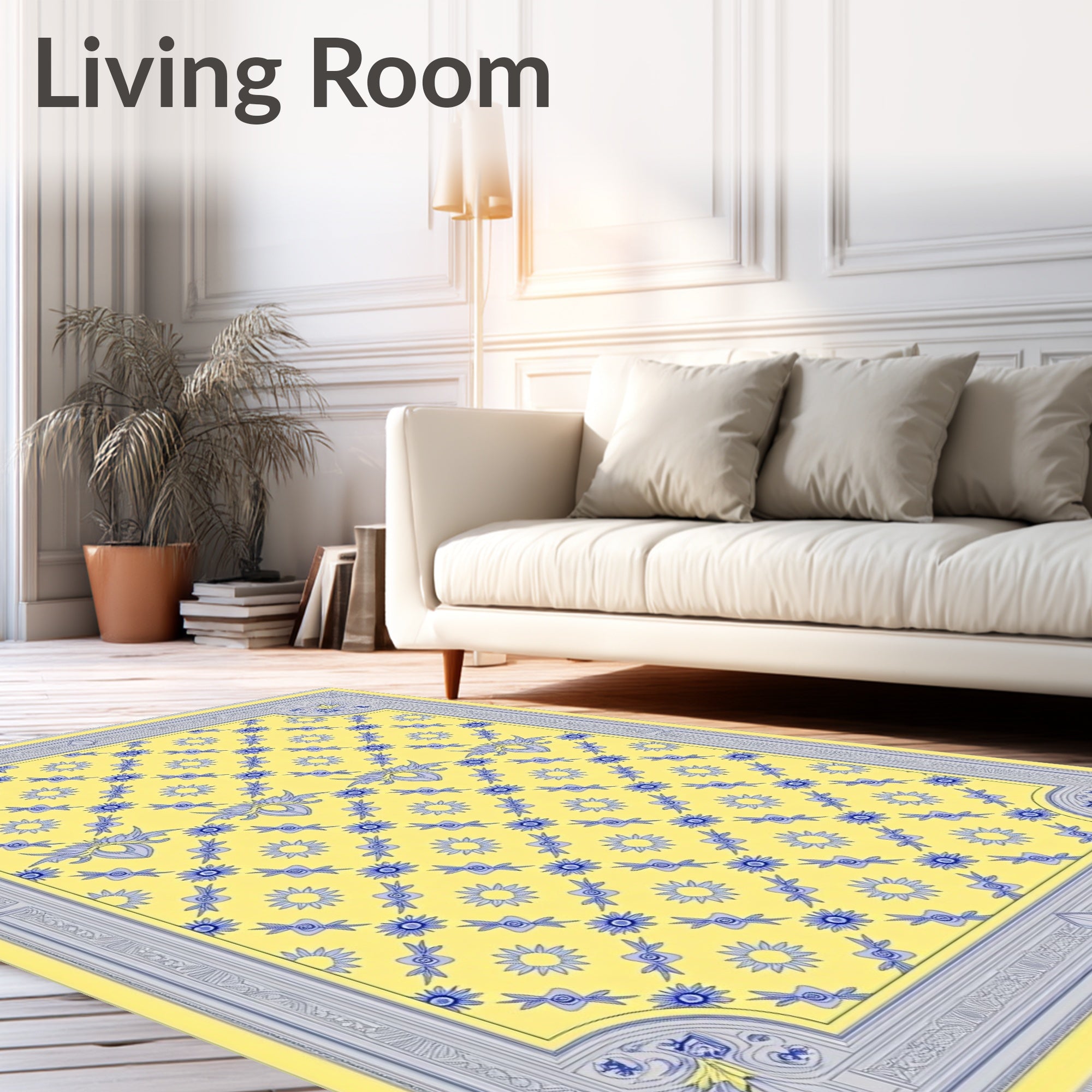 Yellow Blue Floral Lattice Border Rug