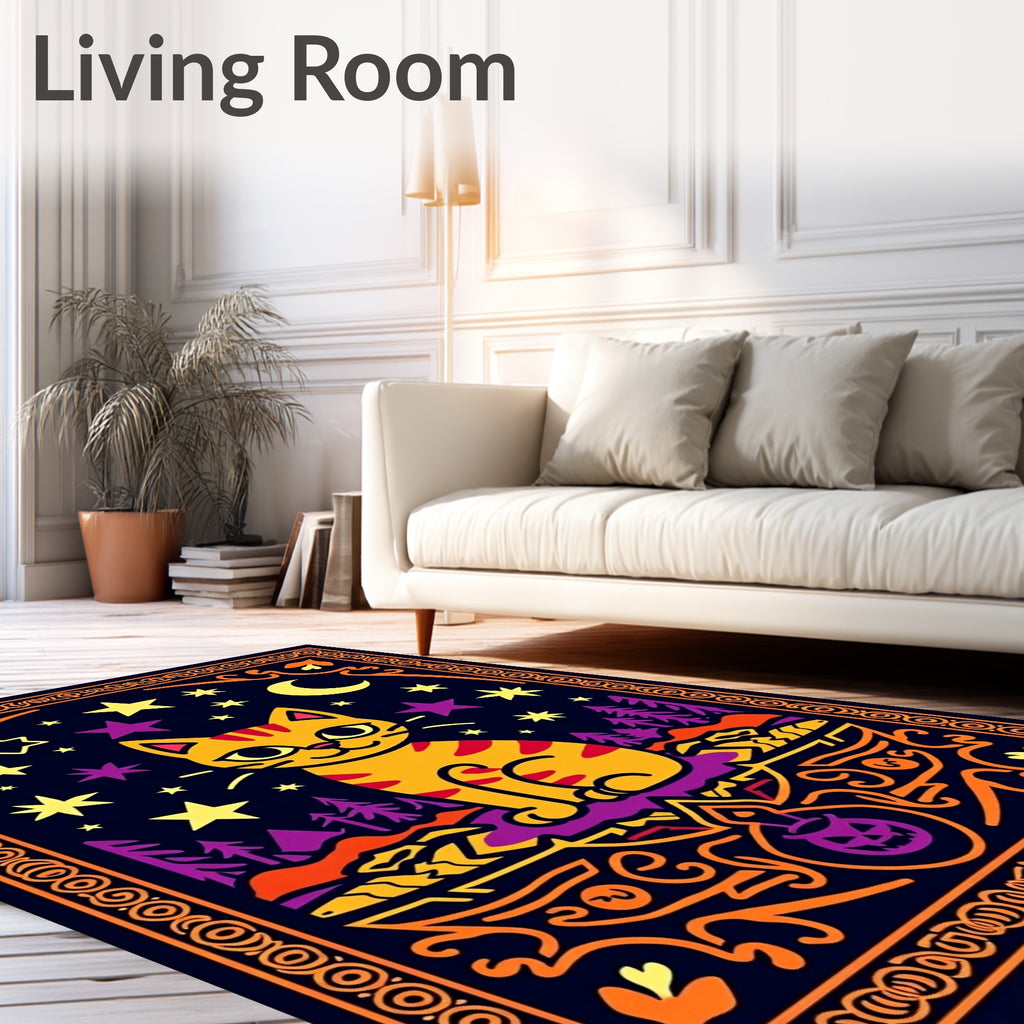 Whimsical Orange Cat Night Sky Rug