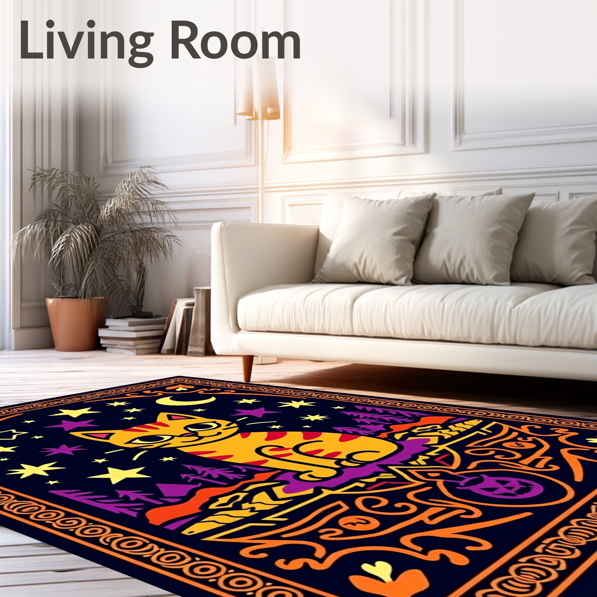 Whimsical Orange Cat Night Sky Rug
