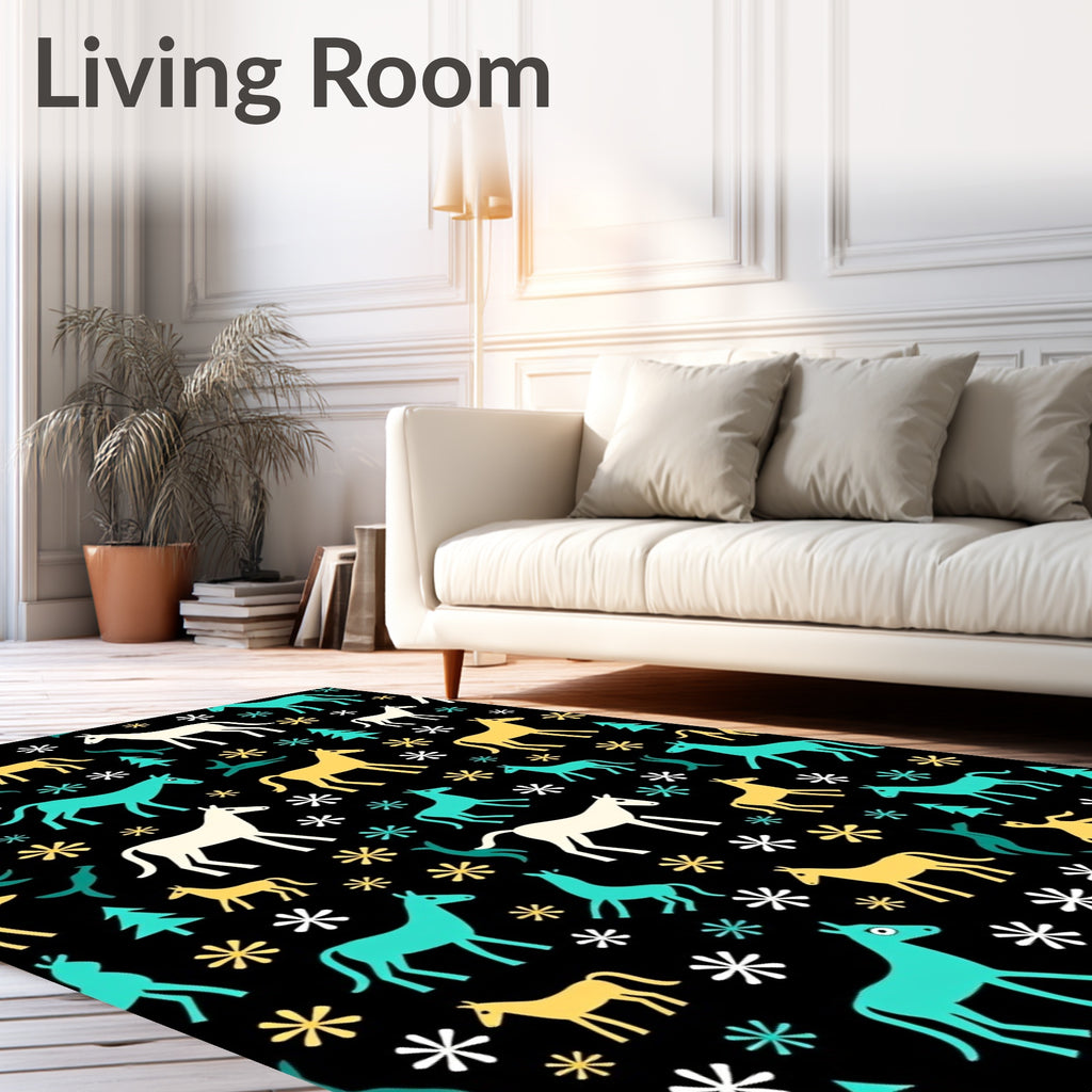 Whimsical Horses And Trees In Teal Rug