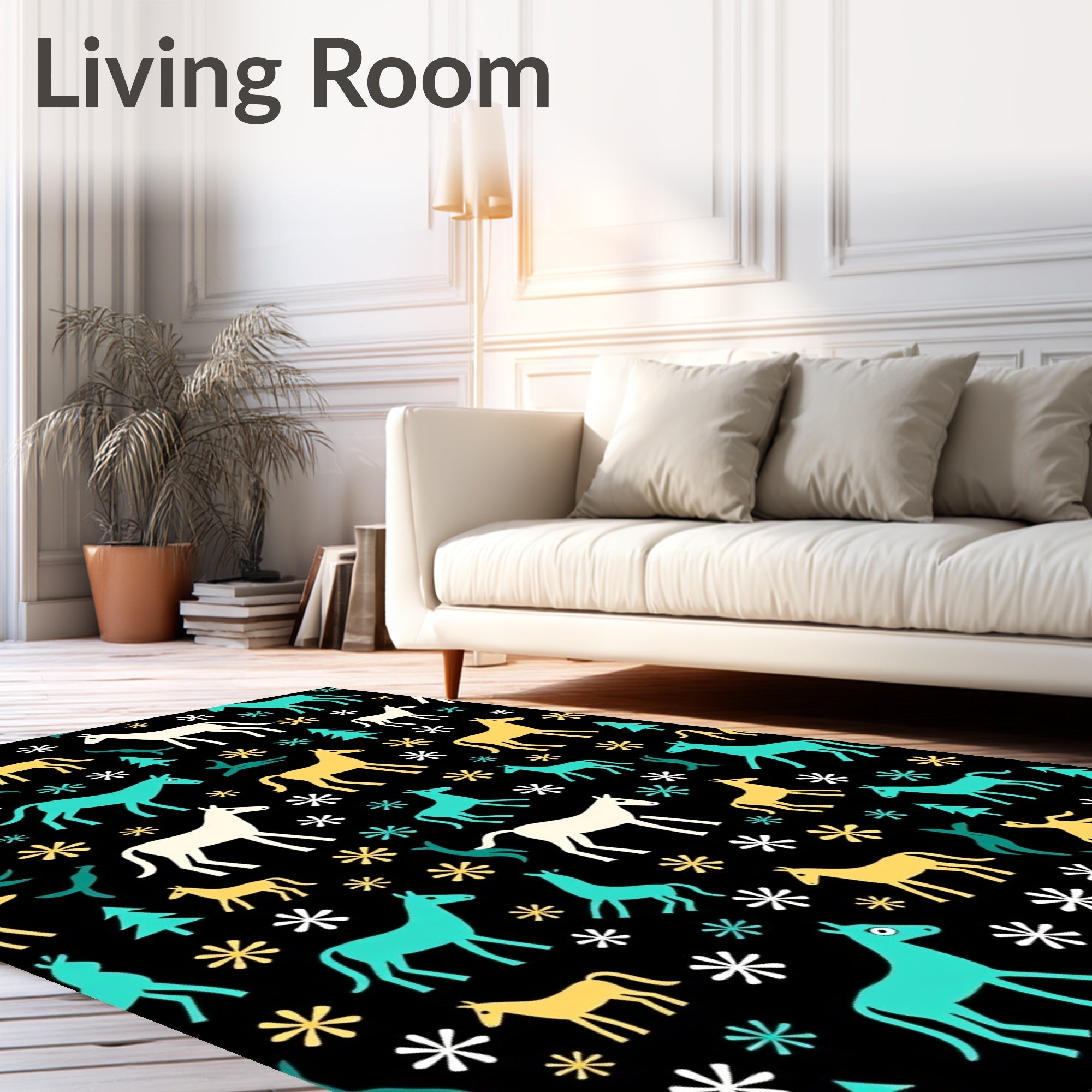 Whimsical Horses And Trees In Teal Rug
