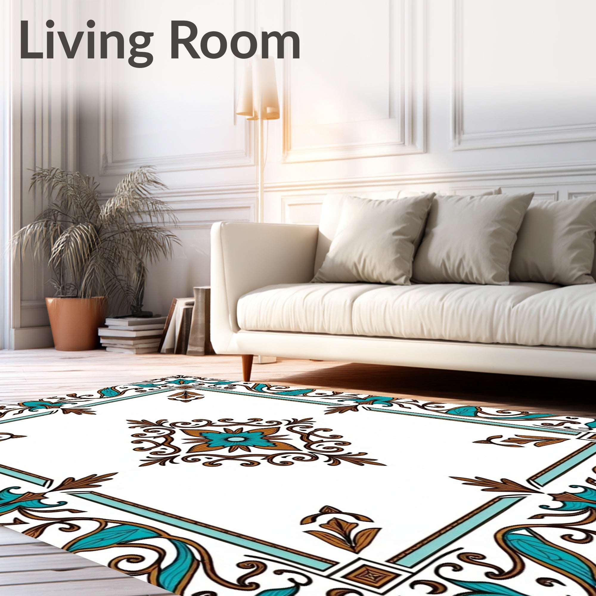 Turquoise Brown Floral Filigree Square Rug