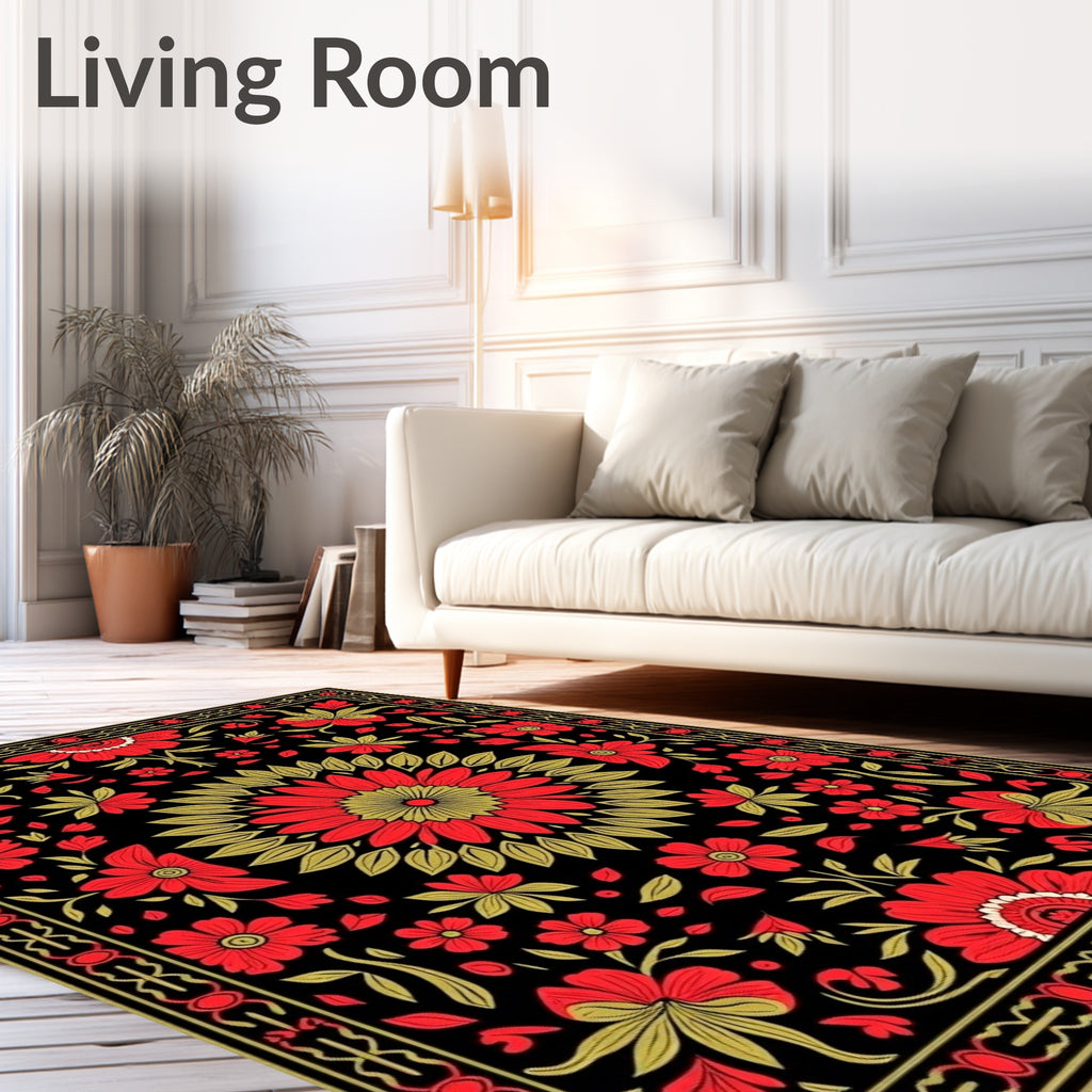 Dark Red Floral Mandala Art Rug
