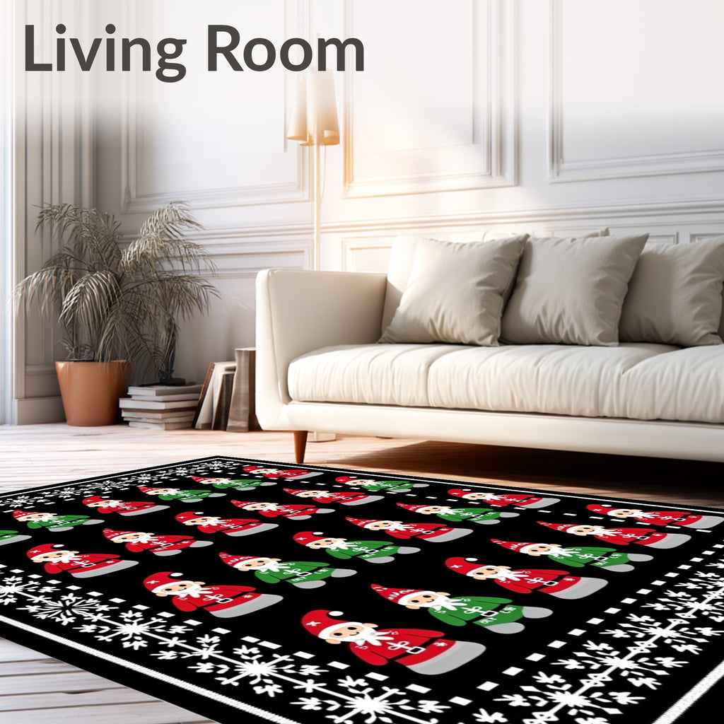 Festive Red Green Gnome Snowflakes Border Rug