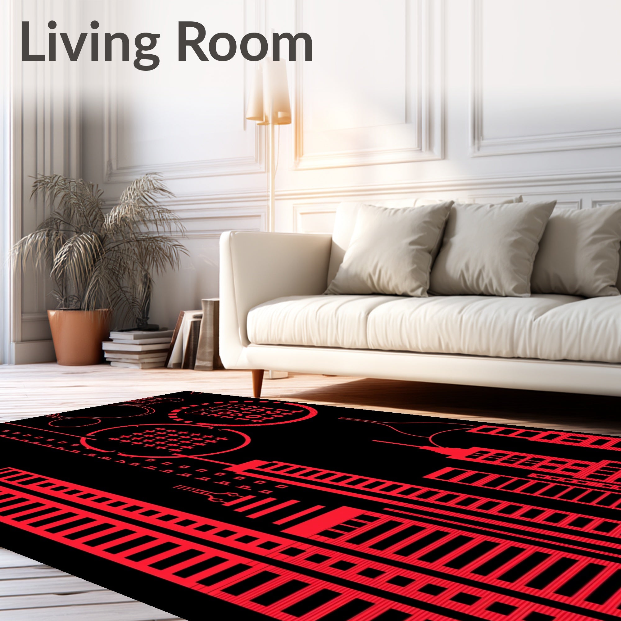Red Cityscape Geometric Skyscrapers Rug
