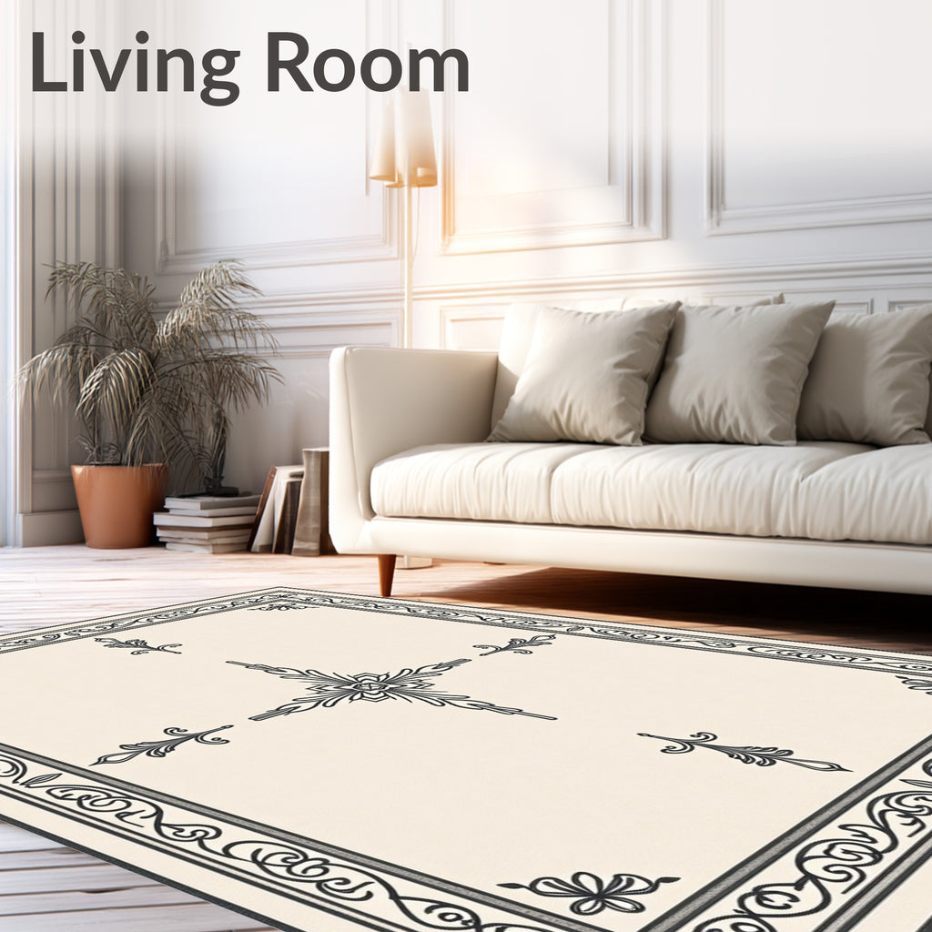 Elegant Black Floral Border Cream Rug