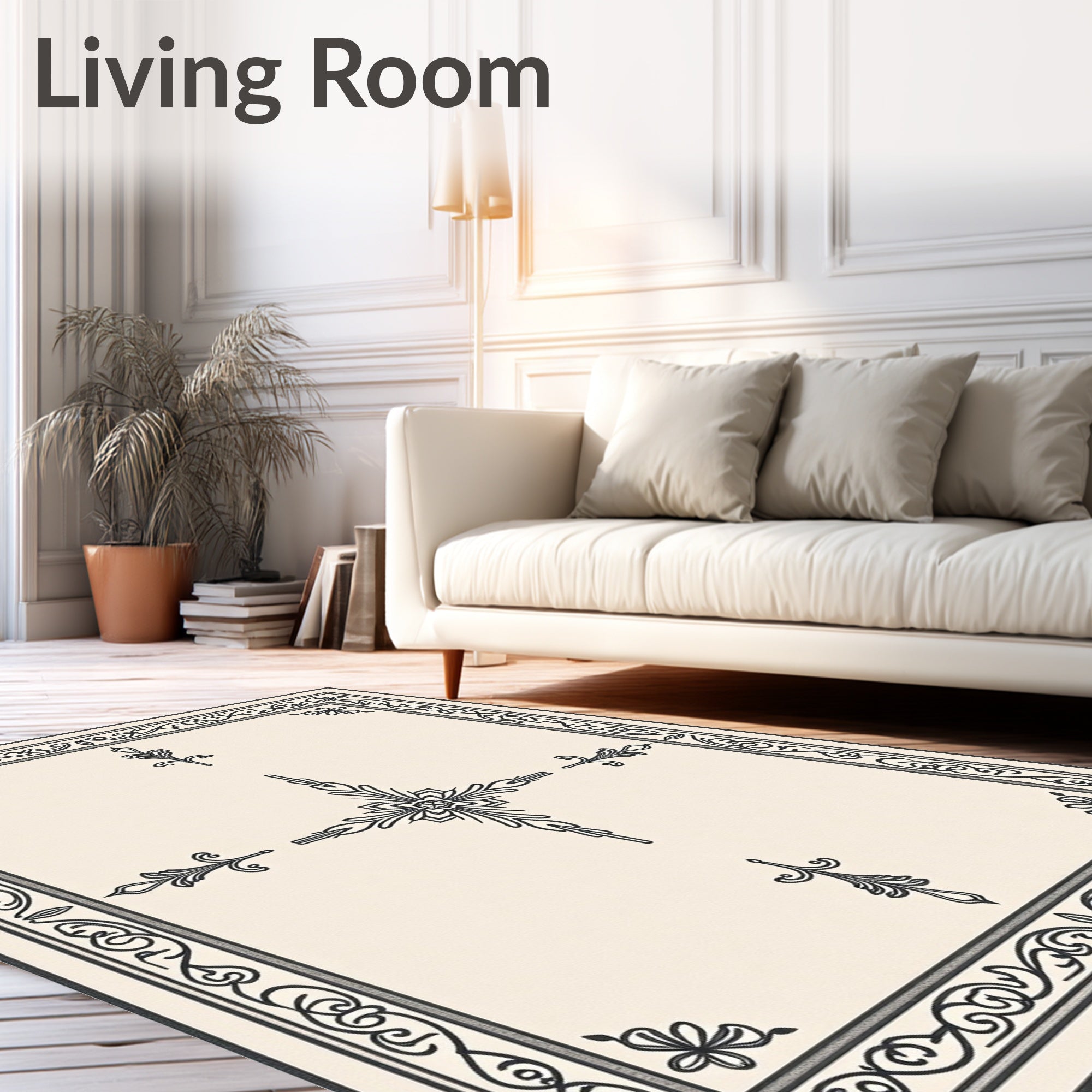 Elegant Black Floral Border Cream Rug