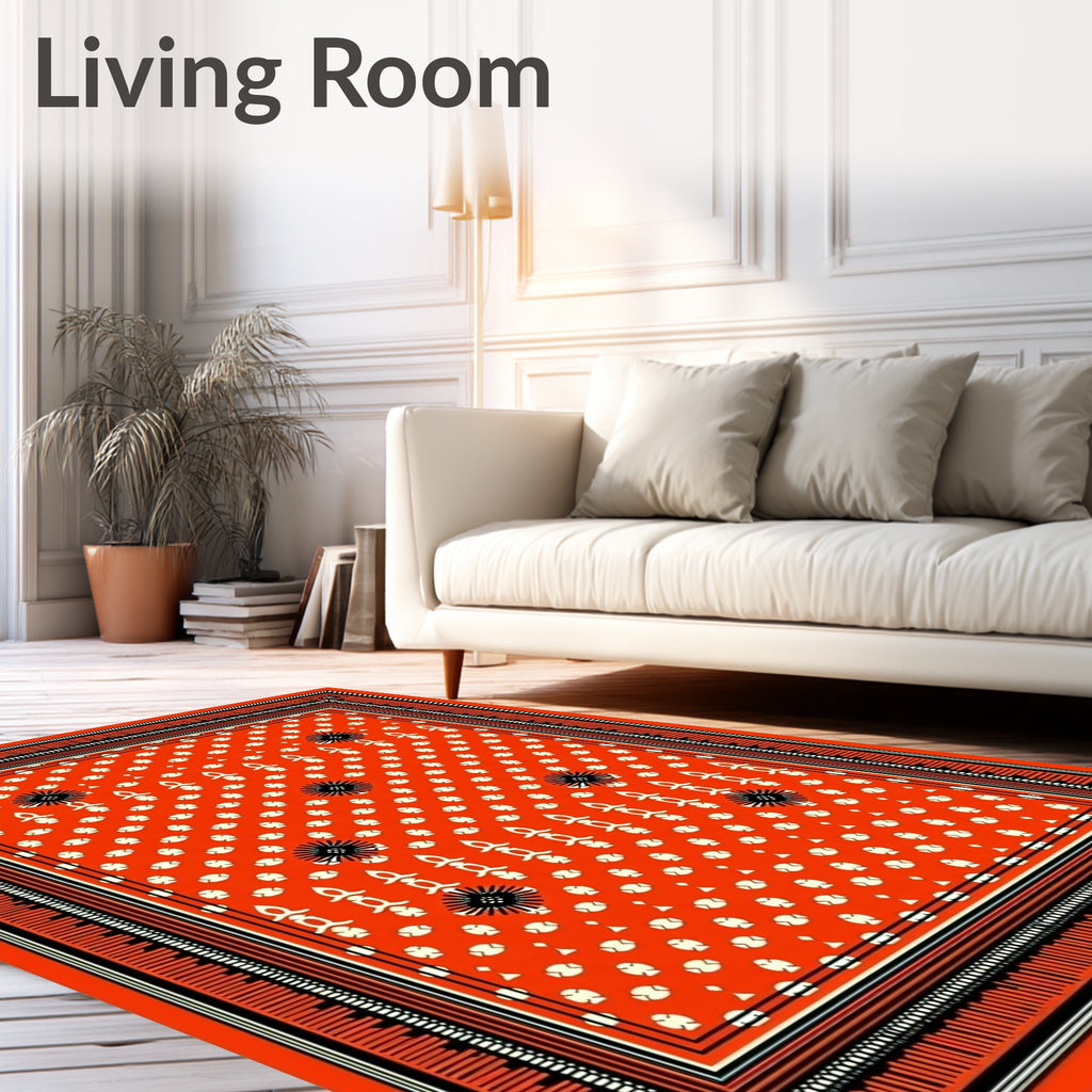 Vibrant Coral Black Starburst medallion Rug