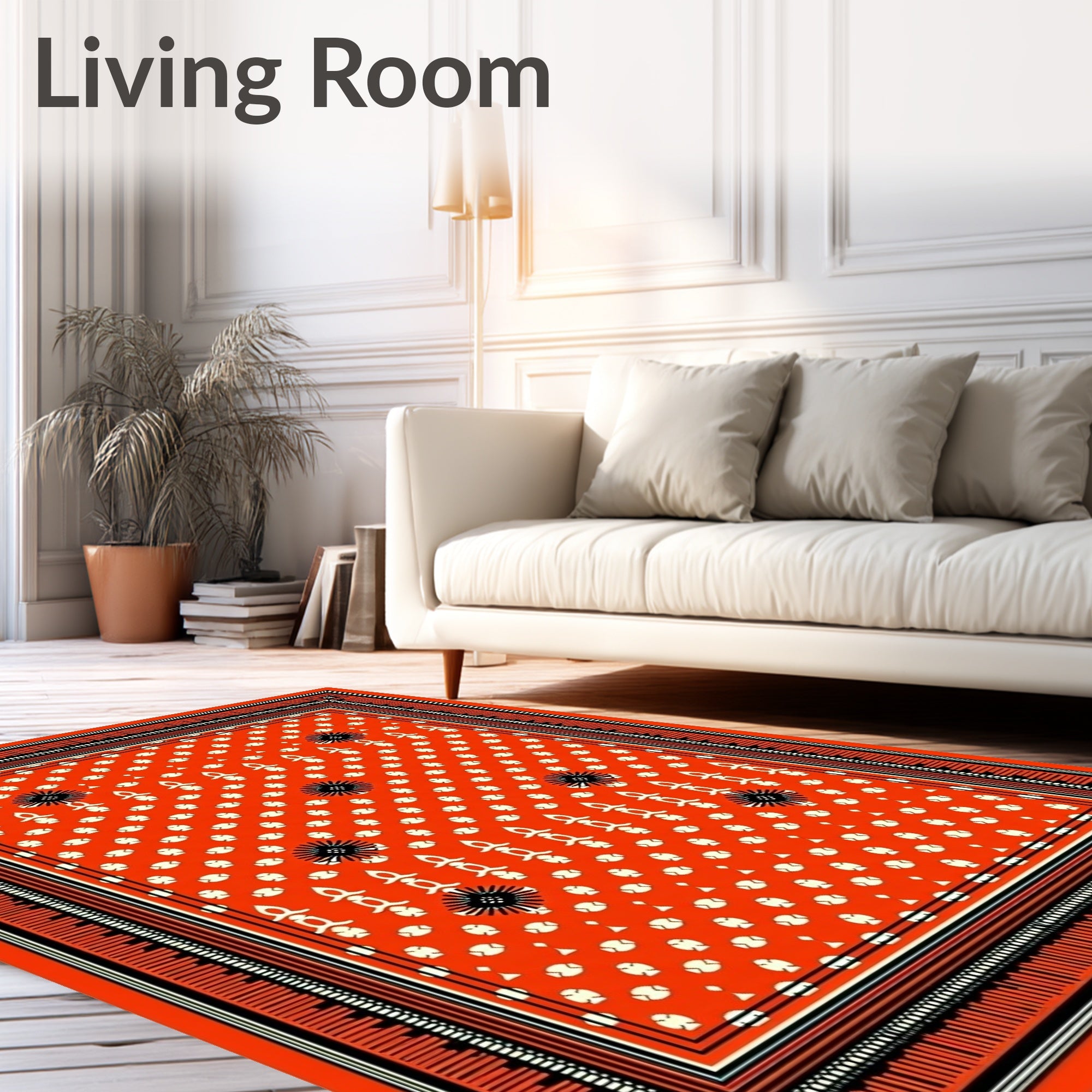 Vibrant Coral Black Starburst medallion Rug