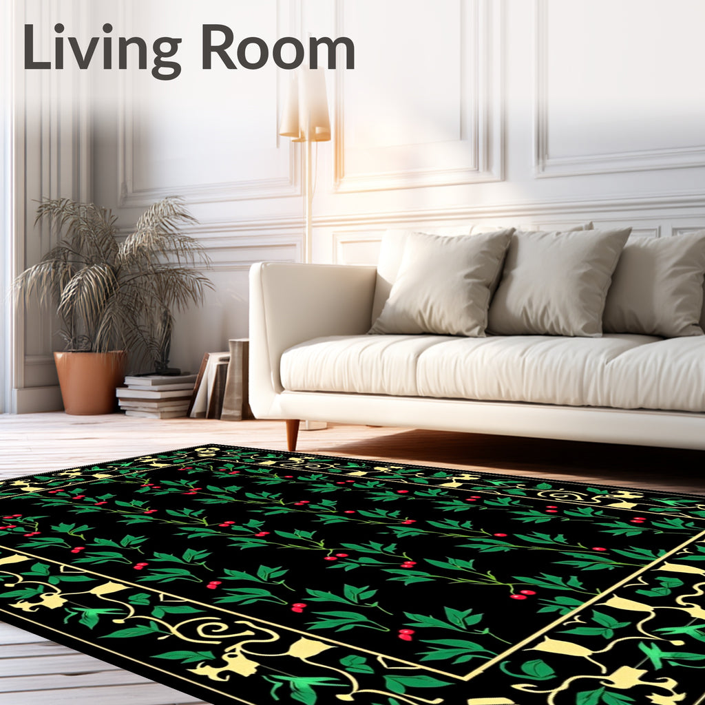 Vibrant Black Botanical Berry Vine Rug