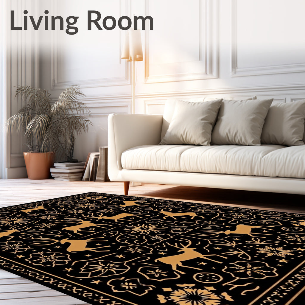 Golden Reindeer Floral Black Rug
