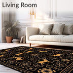 Golden Reindeer Floral Black Rug