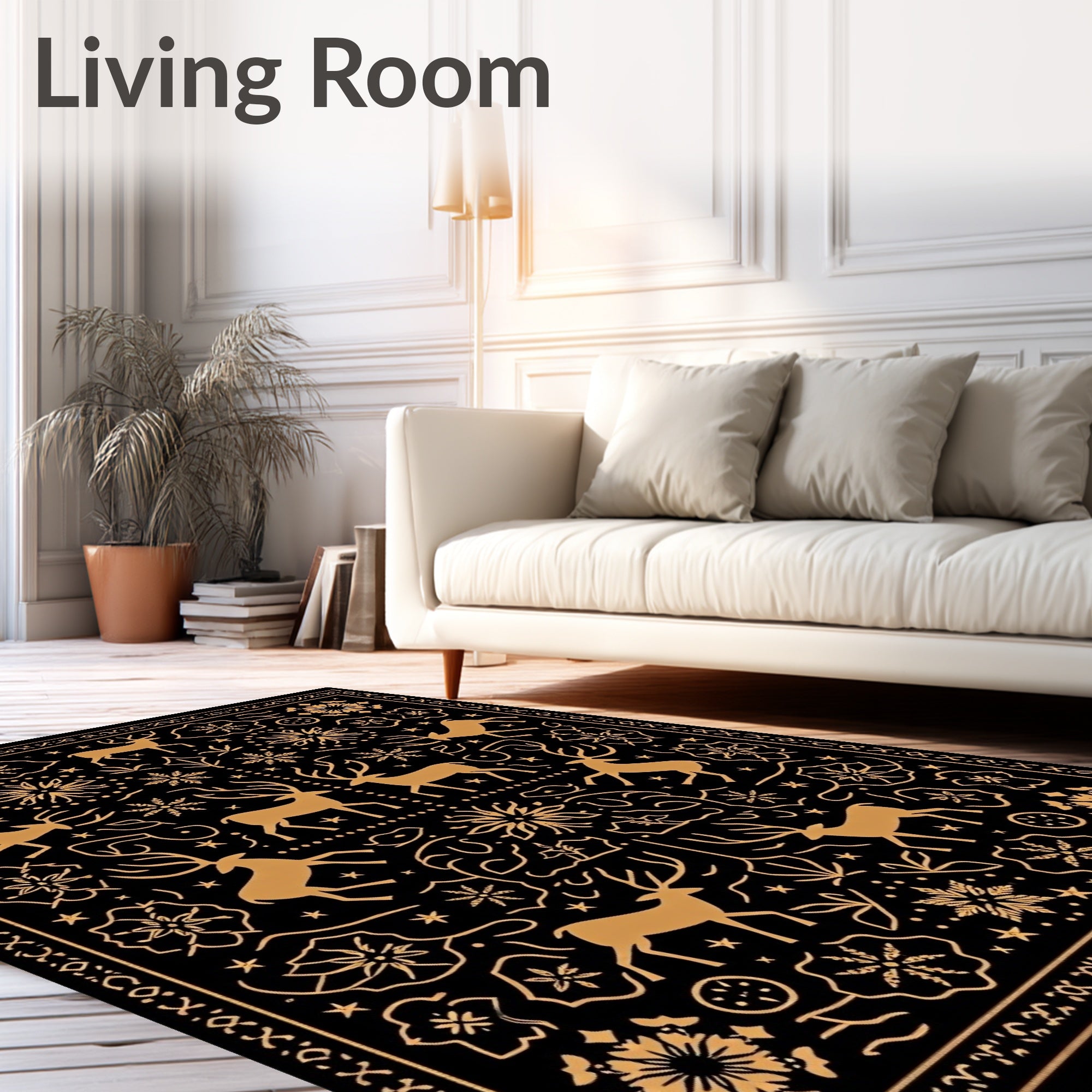 Golden Reindeer Floral Black Rug
