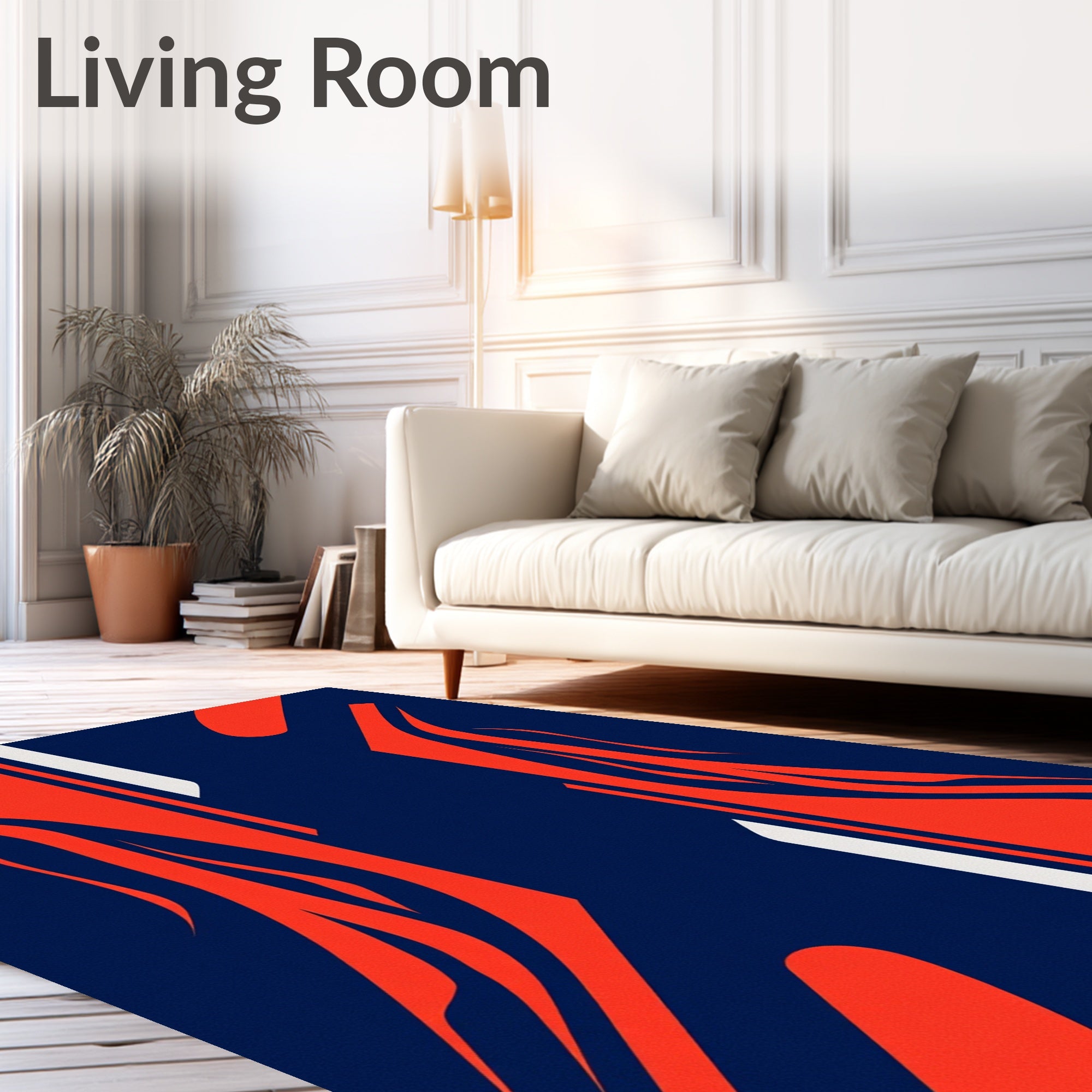 Bold Red Abstract Curves Dark Blue Rug