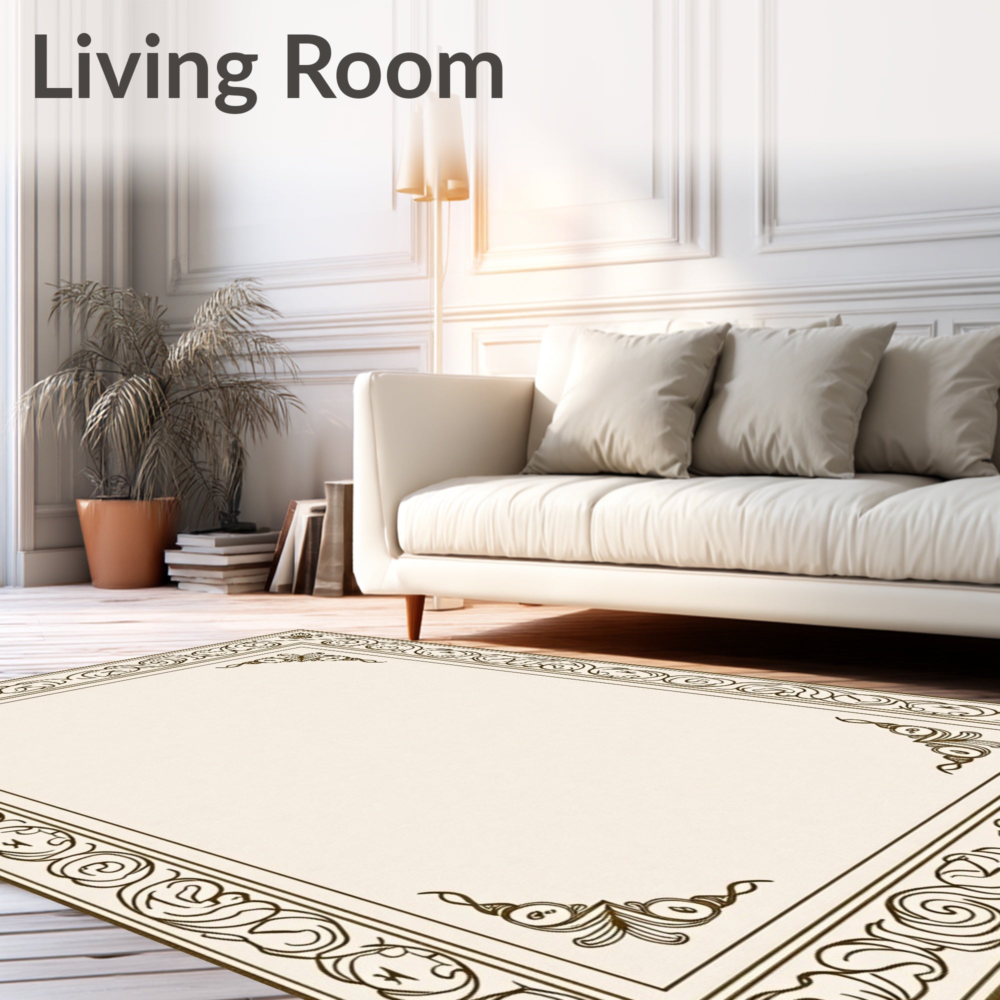 Elegant Brown Faux Scroll Border Rug