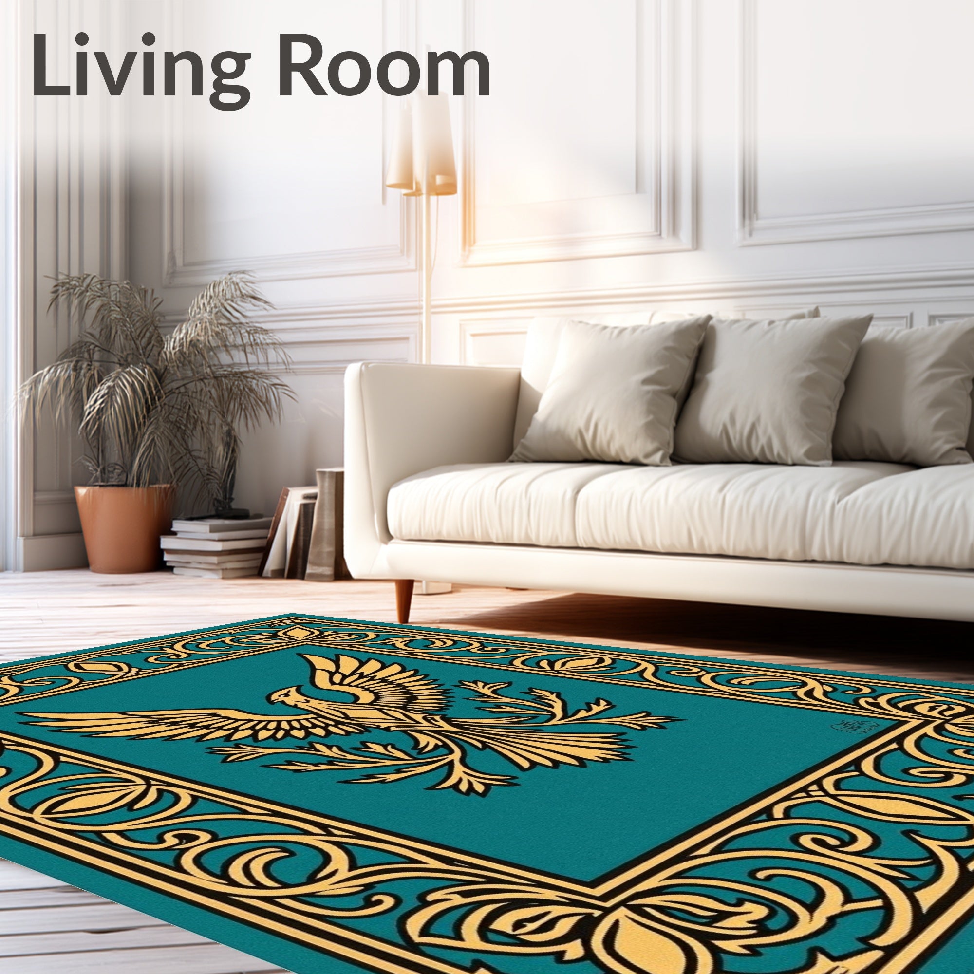 Ornate Teal Golden Phoenix Frame Rug