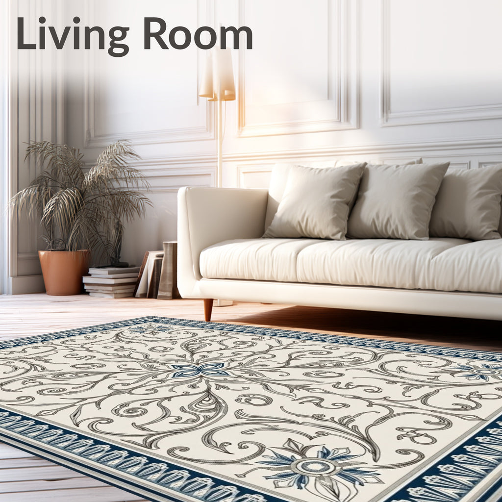 Cream and Navy Floral Scroll Medallion Rug