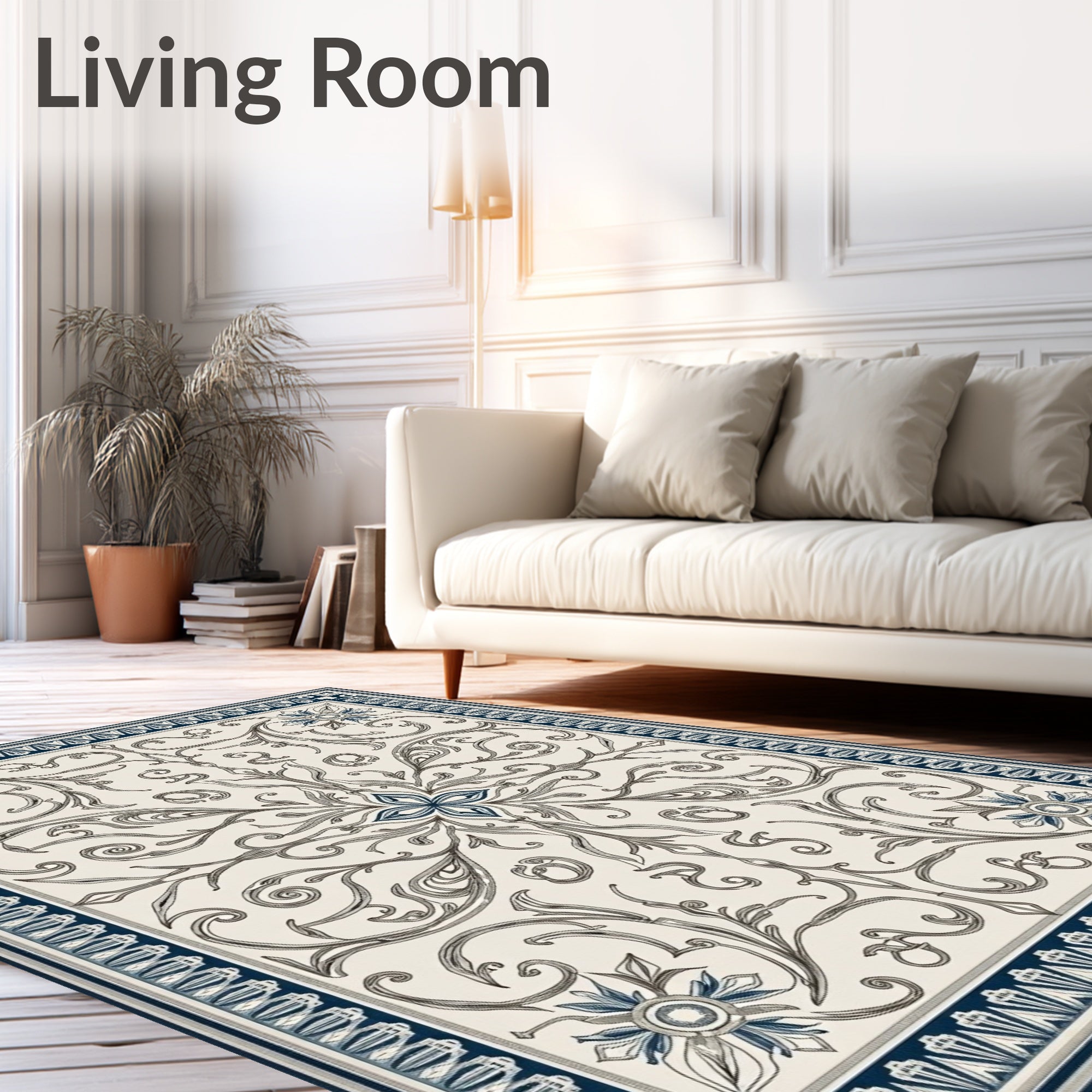 Cream and Navy Floral Scroll Medallion Rug