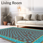 Turquoise Fleur de Lis Brown Border Rug