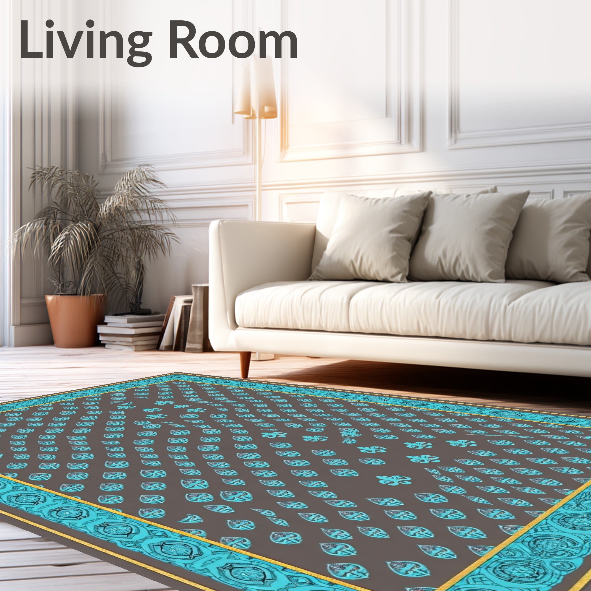 Turquoise Fleur de Lis Brown Border Rug
