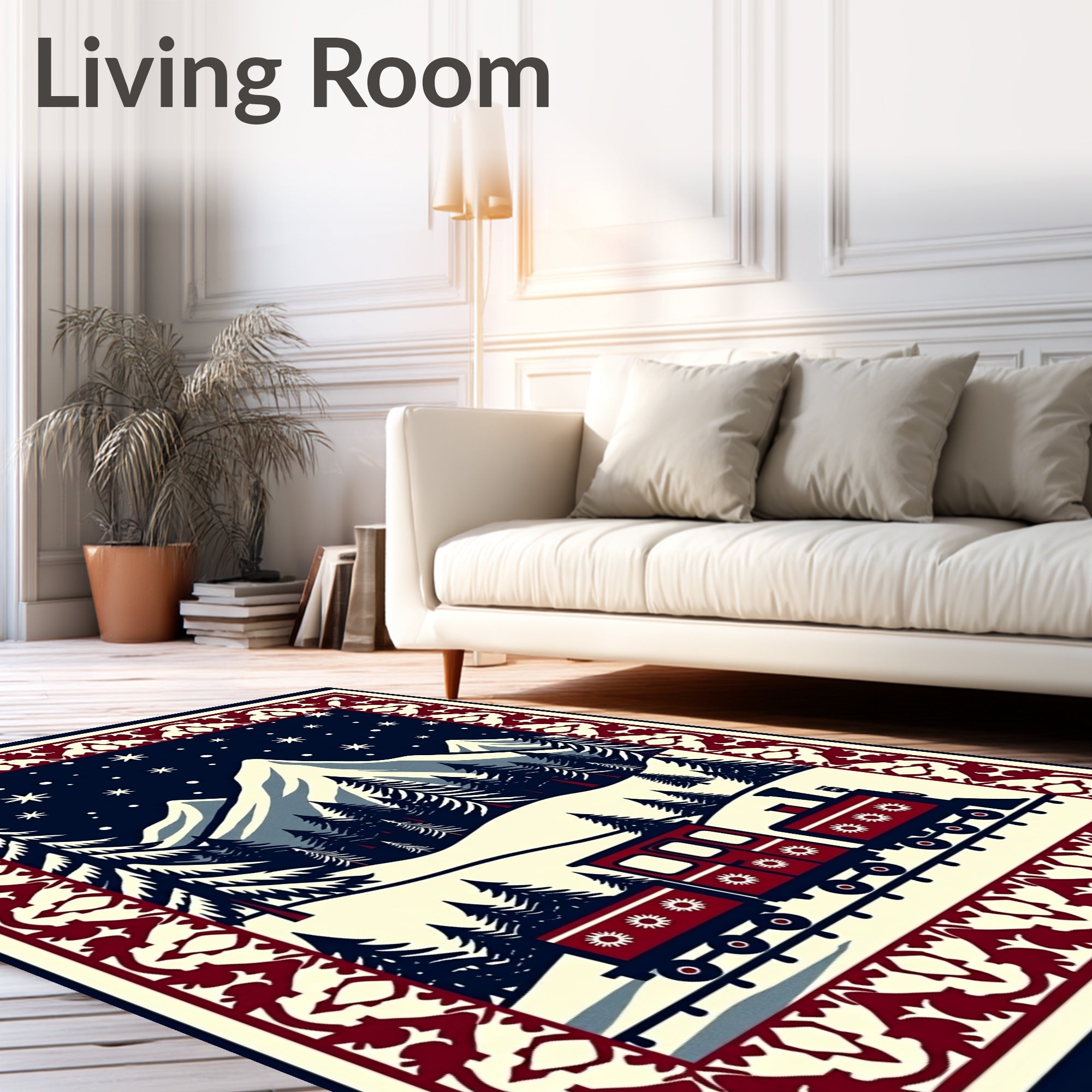 Crimson Train Snowy Mountain Woodland Border Rug