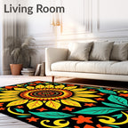 Vibrant Sunburst Floral Folk Art Rug