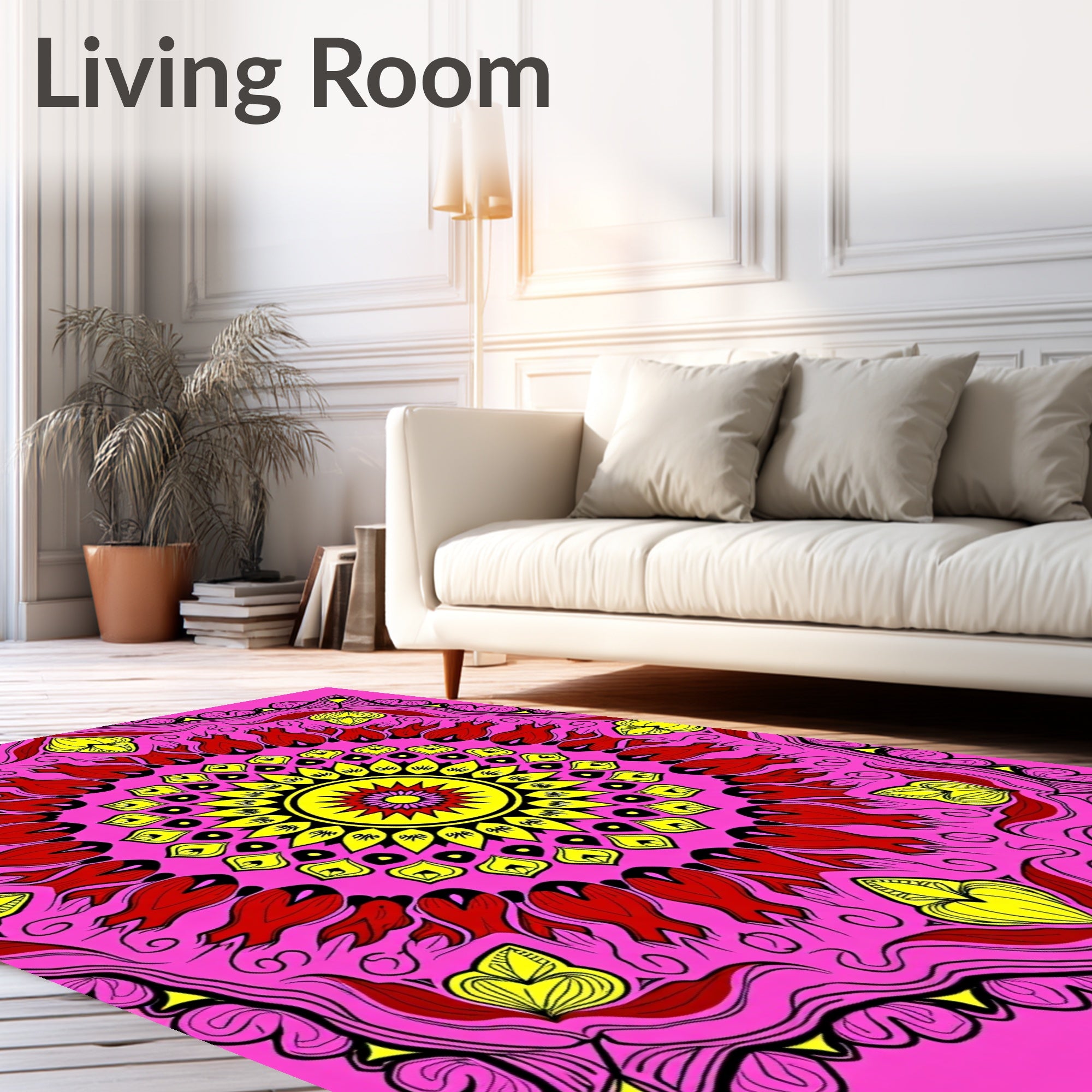 Vibrant Pink Yellow Red Floral Mandala Rug