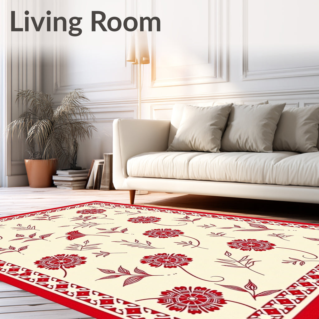 Crimson Floral Botanical Border Rug