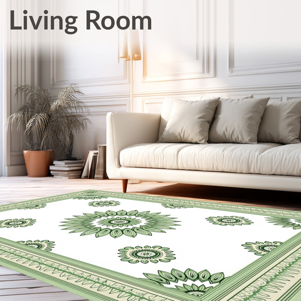 Pastel Green Ornate Bloom Border Rug