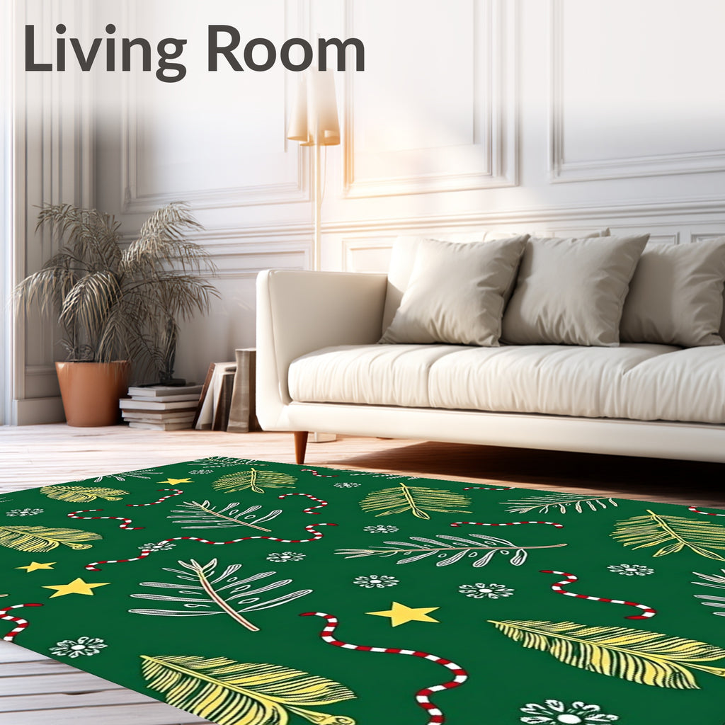 Green Festive Holiday Leaf Star Swirl Rug