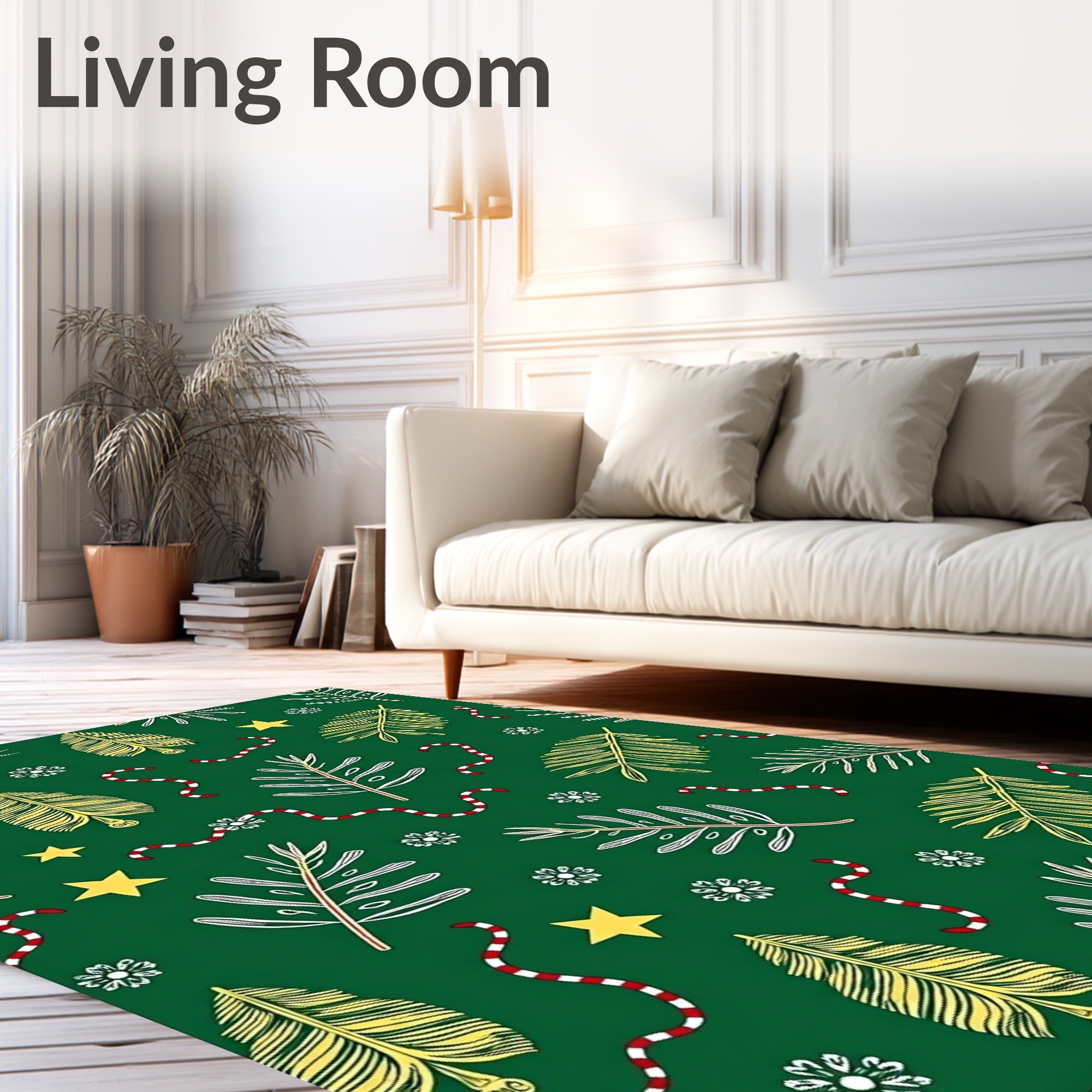 Green Festive Holiday Leaf Star Swirl Rug