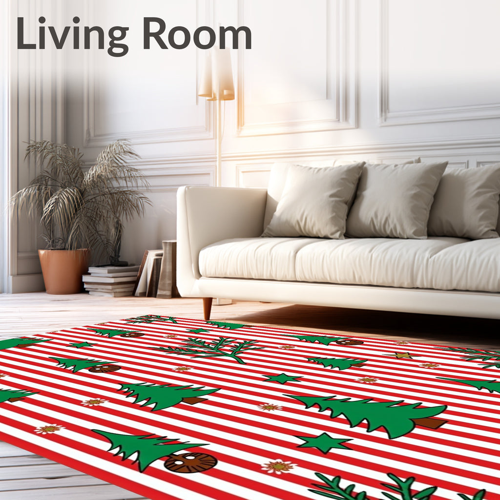 Red White Stripe Christmas Trees Rug