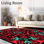 Coral Aqua Black Floral Medallion Rug