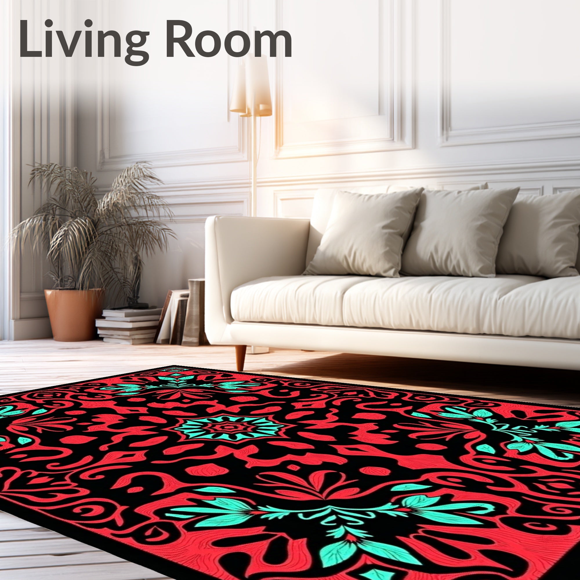 Coral Aqua Black Floral Medallion Rug